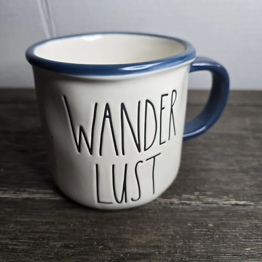 NWT Rae Dunn Artisan Wanderlust Coffee Mug Blue Trim Summer Camping Boho